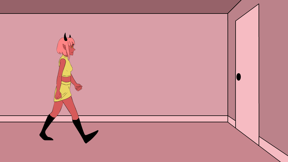 Gif of a demon/succubus woman walking up to a door, knocking, opening the door and crying at what she sees, then turning dark red and exploding into a cloud of smoke.