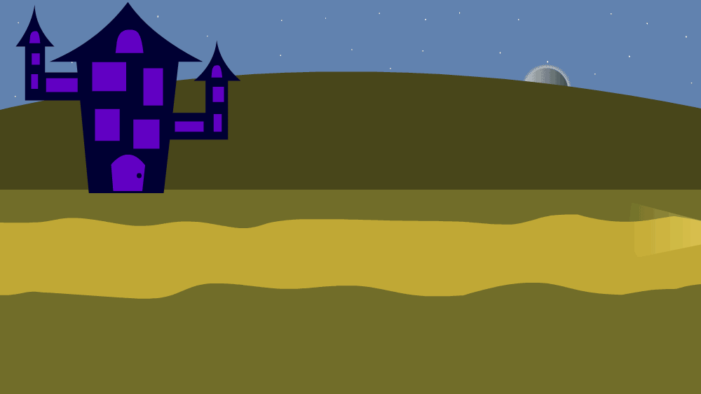 A cycle of a car driving past a spooky mansion while the moon passes overhead and a gnarled, dead tree goes by.