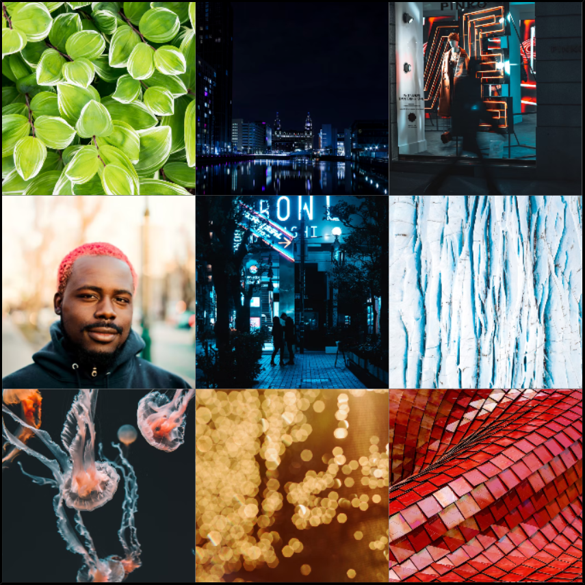 A generated moodboard featuring neon colors, dyed hair, jellyfish, bright leaves, a cityscape, and glitter.